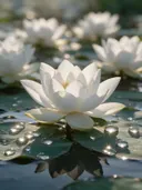 Macrofotografie van dauwdruppels op heilige lotus, sterrenglans, wit