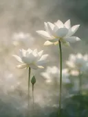 Fotografie van heilige lotus in de ochtendmist, wit