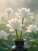 Fotografie van heilige lotus in de ochtendmist, wit