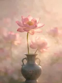 Fotografie van heilige lotus in de ochtendmist, zachtroze
