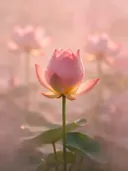 Fotografie van heilige lotus in de ochtendmist, zachtroze