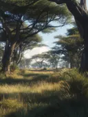 Schilderij van een savannelandschap met acacia's onder een blauwe hemel