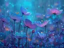 Schilderij van gloeiende blauwe bloemen in de regen met vlinders