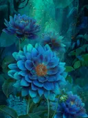 Schilderij van hemelsblauwe dahlia's met gouden lichtjes in een turquoise woud