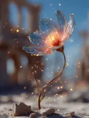 Schilderij van een blauwe glazen bloem met gloeiend oranje hart bij ruïnes