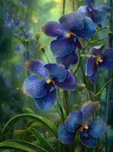 Schilderij van blauwe orchideeën met gouden adertjes in een jungle
