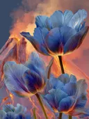 Schilderij van blauwe tulpen met een vulkaan op de achtergrond
