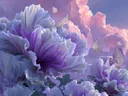 Schilderij van paarse bloesems en vlinders tussen wolken in de lucht.