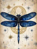 Blauwe libelle met sterrenpatroon op de vleugels tegen een crèmekleurige achtergrond met gouden sterren.