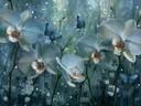 Schilderij van witte orchideeën met blauwe vlinders