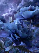 Schilderij van blauwe pioenrozen tussen kosmische wolken en elfachtige wezens