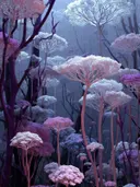 Schilderij van schermvormige bloesembomen in een sprookjesachtig woud