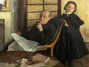 Henri and His Niece Lucie (The Artist's Uncle and Cousin) van Edgar Degas: interieur met man, meisje, krant en stoel, in donker met warm bruin
