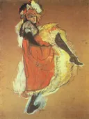 Henri de Toulouse-Lautrec 031 van Henri de Toulouse-Lautrec: figuren met danseres, dans, rode jurk en cancan, in rood, geel en zwart