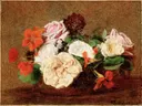 Henri Roses and Nasturtiums in a Vase van Henri Fantin-Latour: bloemen met rozen, oostindische kers, vaas en boeket, in roze, rood en bruin