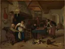 Herberginterieur met een oude man, die zich amuseert met de waardin, en triktrakspelers, bekend als 'Tweeërlei spel van Jan Steen: figuren met herberg, spelers, oude man en waardin, in warm bruin