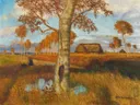Herbst im Moor 1942 van Otto Modersohn: landschap met herfst, berk, boerderij en veld, in warm oranje en okergeel