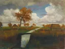 Herbst im Moor Moorbrücke 1942 van Otto Modersohn: landschap met herfst, boom, brug en sloot, in warm oranje en grijsblauw