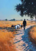 Jonge herder met kudde geiten op een pad door de vlakte