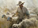 Schilderij van een herder omringd door een kudde schapen.