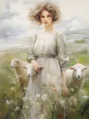 Vintage schilderij van een herderin met schapen in een bloemenweide