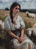 Schilderij van een meisje omringd door schapen in een veld.