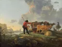 Herders en vee op de oever van een rivier van Aelbert Cuyp: dieren met koeien