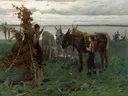 Herdersjongens met ezels van Willem Maris: dieren met ezels, jongens, weiland en takkenbos, in gedempt groen en grijs