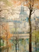 Schilderij van een Europese stad in de herfst gezien door bomen aan het water
