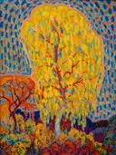 Herfst van Leo Gestel: landschap met boom, herfst, bladeren en pointillisme, in geel oranje en blauw
