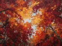 Schilderij van herfstbladeren van onderaf gezien met turkooizen lucht