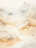 Waterverf schilderij van een herfstboom naast een beek met gouden bladeren.