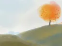 Aquarelillustratie van een oranje herfstboom op een groene heuvel onder een lichte lucht.