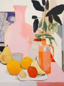 Stilleven met roze vaas, peren, citroenen, een mandarijn en een oranje kan met plant