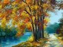 Schilderij van een herfstlandschap langs een rivier