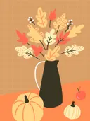Illustratie van een stilleven met herfstbladeren in een kan, pompoenen en een appel.