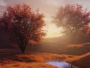 Illustratief herfstlandschap met twee bomen met rode bladeren naast een beekje in warm licht.
