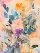Aquarel van oranje, perzik en paarse bloemen met donkere bladeren