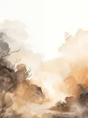 Waterverf schilderij van dicht kreupelhout in oranje en bruine herfsttinten.