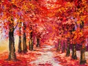 Schilderij van een herfstlaan met rode bomen