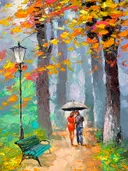 Impressionistisch schilderij van stel met paraplu in herfstpark