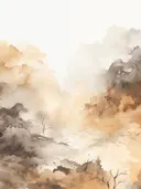 Waterverf landschap van een herfstbos in goud en grijs met een waterpartij.