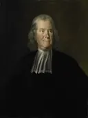 Hermanus Boerhaave (1668 1738). Geneeskundige, hoogleraar aan de universiteit te Leiden van Cornelis Troost: portret met man, pruik, zwarte mantel en geleerde, in donker met wit