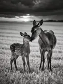 Hert een teder moment, een goudkleurig stoppelveld, een dreigende luchten met een sepia-gloed, zwart-wit