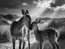 Hert een teder moment, de duinen, lichtbundels door de wolken, zwart-wit
