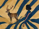 Hert en vrouw in delftsblauw en mosterd, dieren schilderij