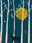 Schilderij van een hert silhouet in berkenbos met gouden maan