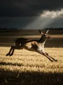 Hert in beweging, een goudkleurig stoppelveld, een enkele lichtbundel als een spotlicht