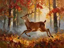 Hert in beweging tussen de bomen, schilderij van hert