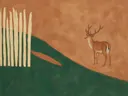 Schilderij van hert in dennengroen en klei, in vlakke kleurvlakken